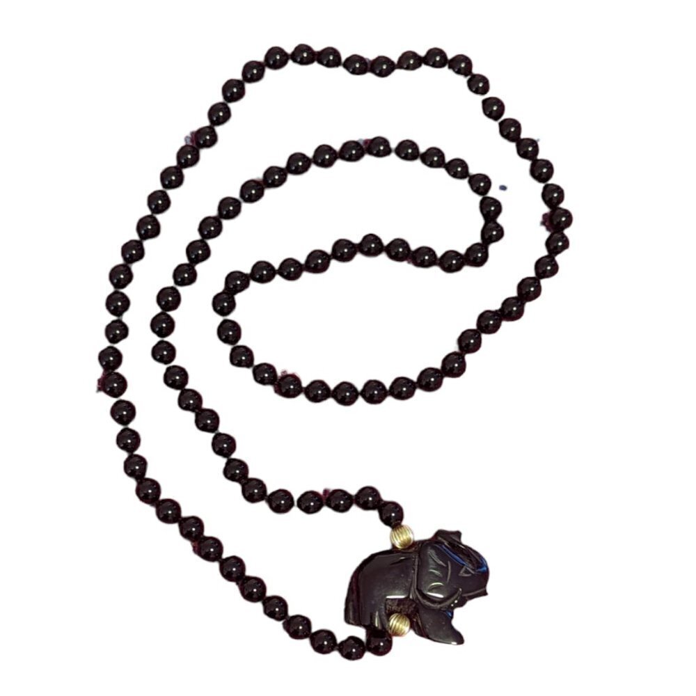Vintage Obsidian Onyx Elephant Necklace Carved Stone Bead Costume Boho Black